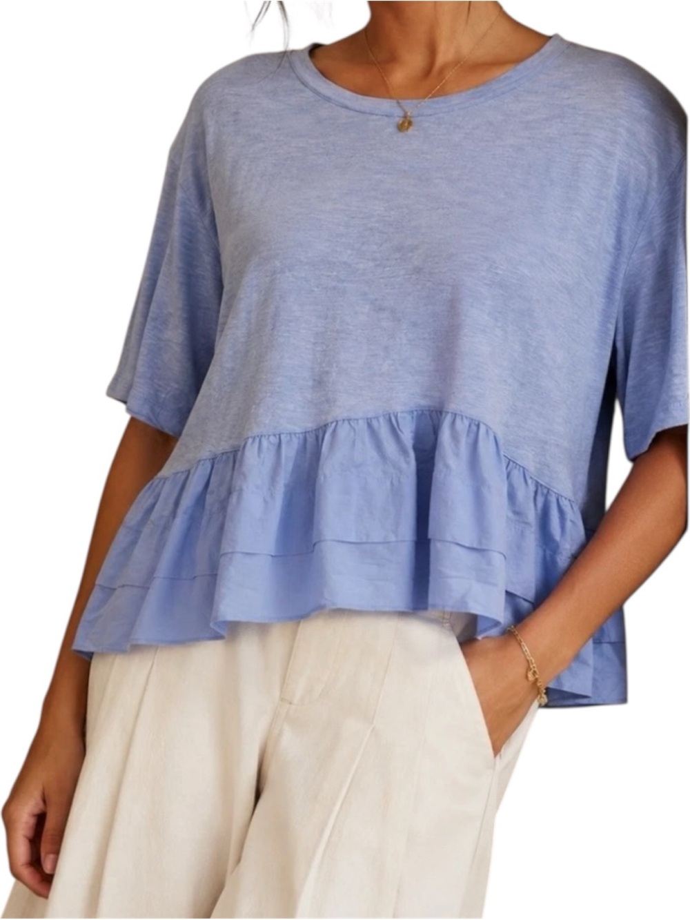 Akemi + Kin Anthropologie Blue Ruffle Hem Peplum Top Boho Cotton Size Small